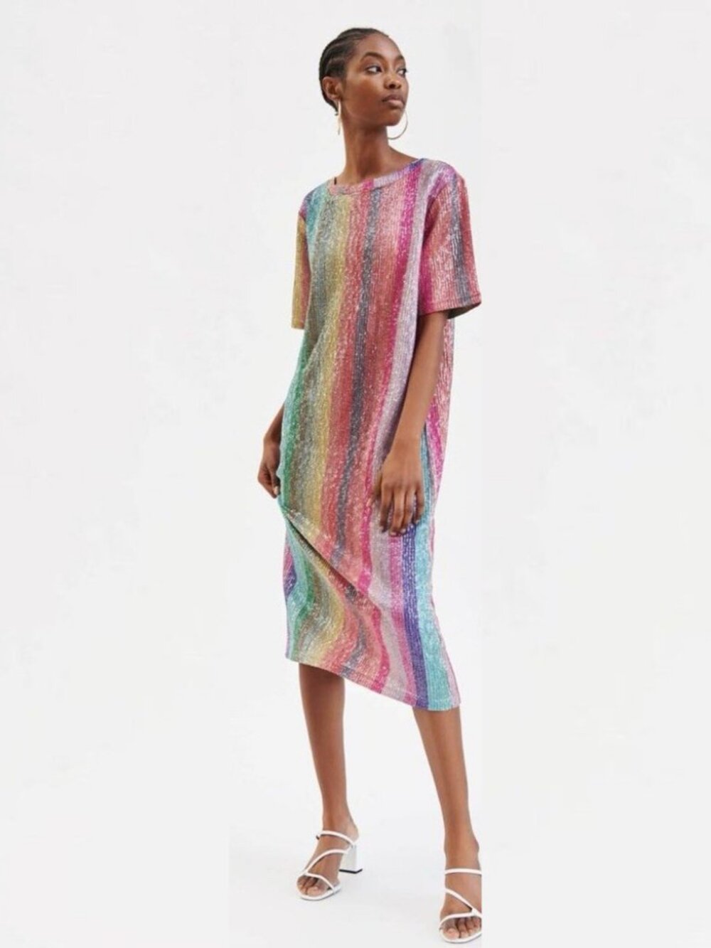 Zara NWT Rainbow Stripe Sparkly Sequin Midi Dress Blogger Fav Medium M